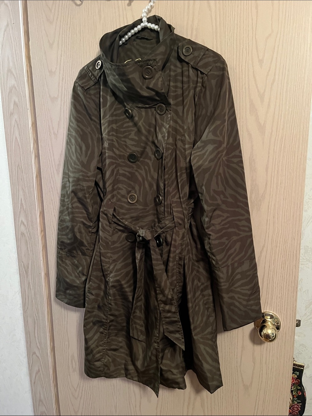 Guess Olive Green Zebra-Print Double-Breasted Trench Coat